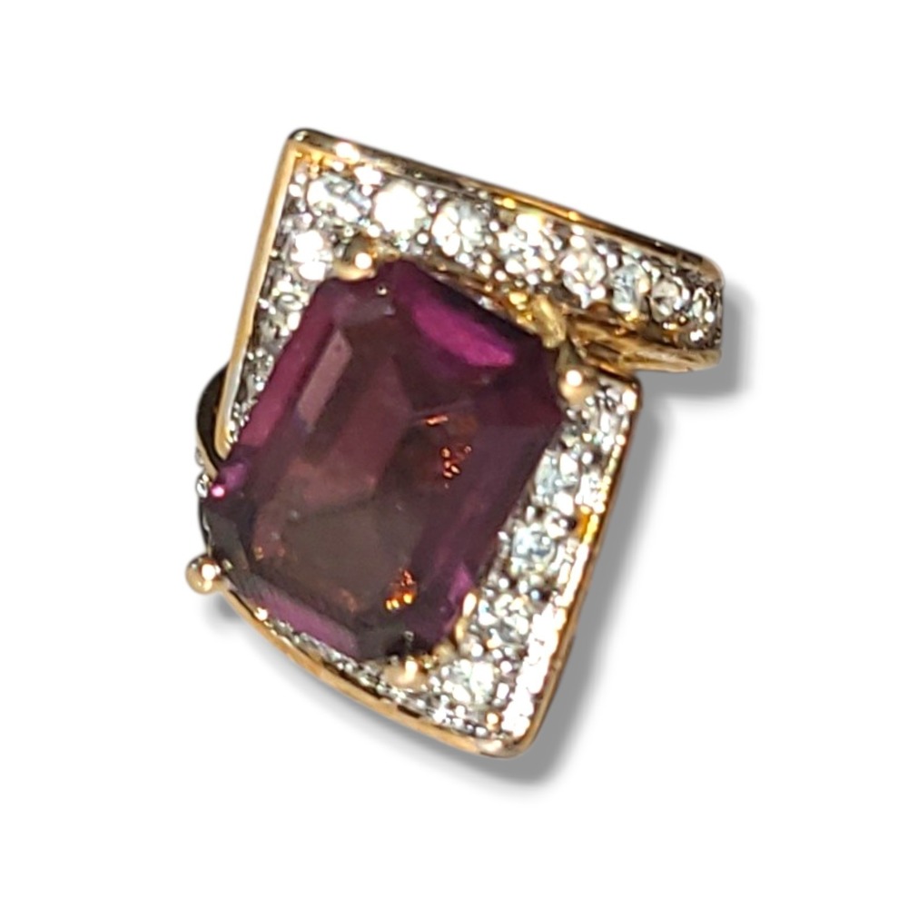 Vintage 18K HGE CZ Cocktail Ring Emerald Cut Purple Crystal Gold Statement‎ Sz 6